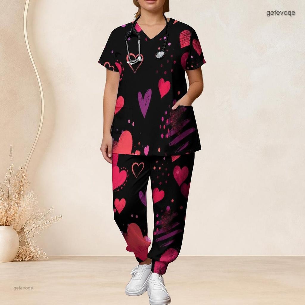 Women Plus Size V Neck Short Sleeve Scrub Set Retro American Flag Star Stripe Print Nurse Uniform Set