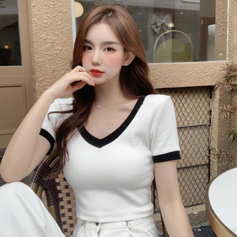 Women's Slim Fit V-Neck Short Sleeves Women's Short Sleeves Comfortable Breathable Cotton Slim Short Sleeves Women's Casual Short Sleeves