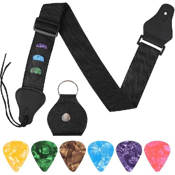 Guitar Strap with 3 Pick Holders, Includes 6 Guitar Picks and a pick box- Adjustable for Acoustic Electric Guitar