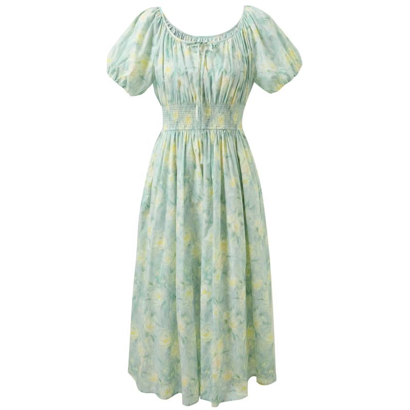 Sancai 100% Cotton U-Neck Floral A-Line Dress S