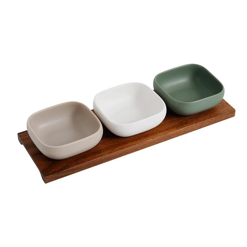 Nordic Simple Ceramic Snack Bowl 1-Piece Set Acacia Wood Tray Square Condiment Dish Set Household Kitchen Divided Sauce Dish