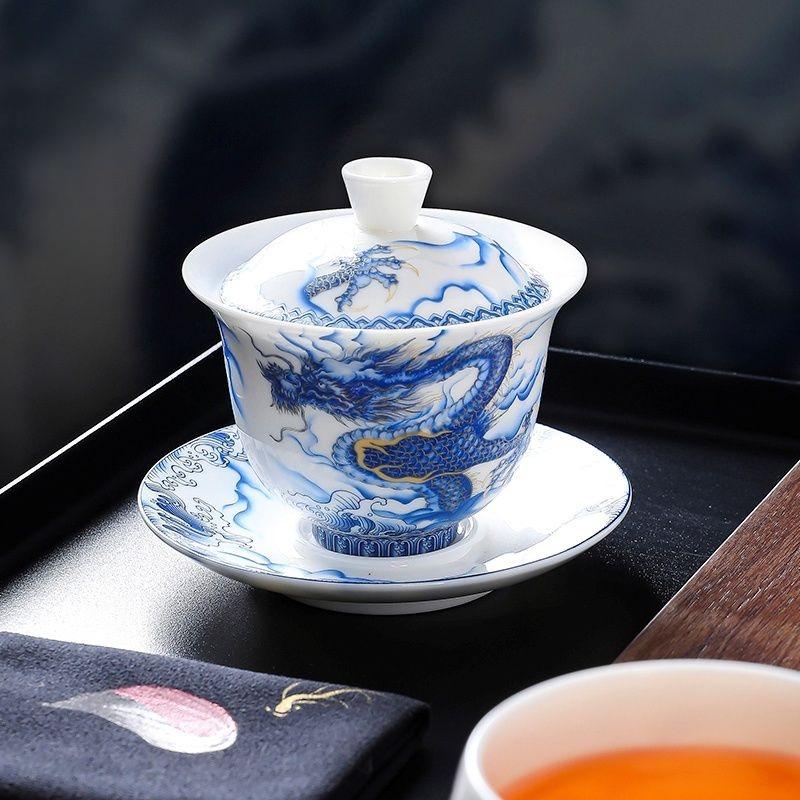 Suet jade white porcelain three talents cover bowl Qinglong pattern anti-scalding Kung Fu tea set household large tea bowl