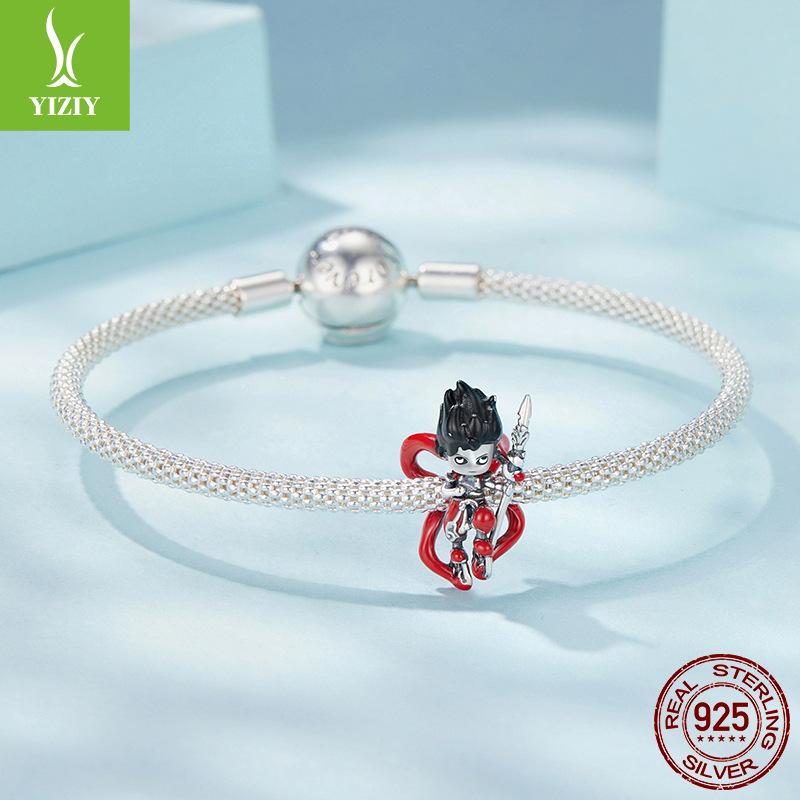 S925 Sterling Silver Nezha Bracelet Beaded National Tide Style Animation Diy Beads Loose Bead Jewelry Accessories