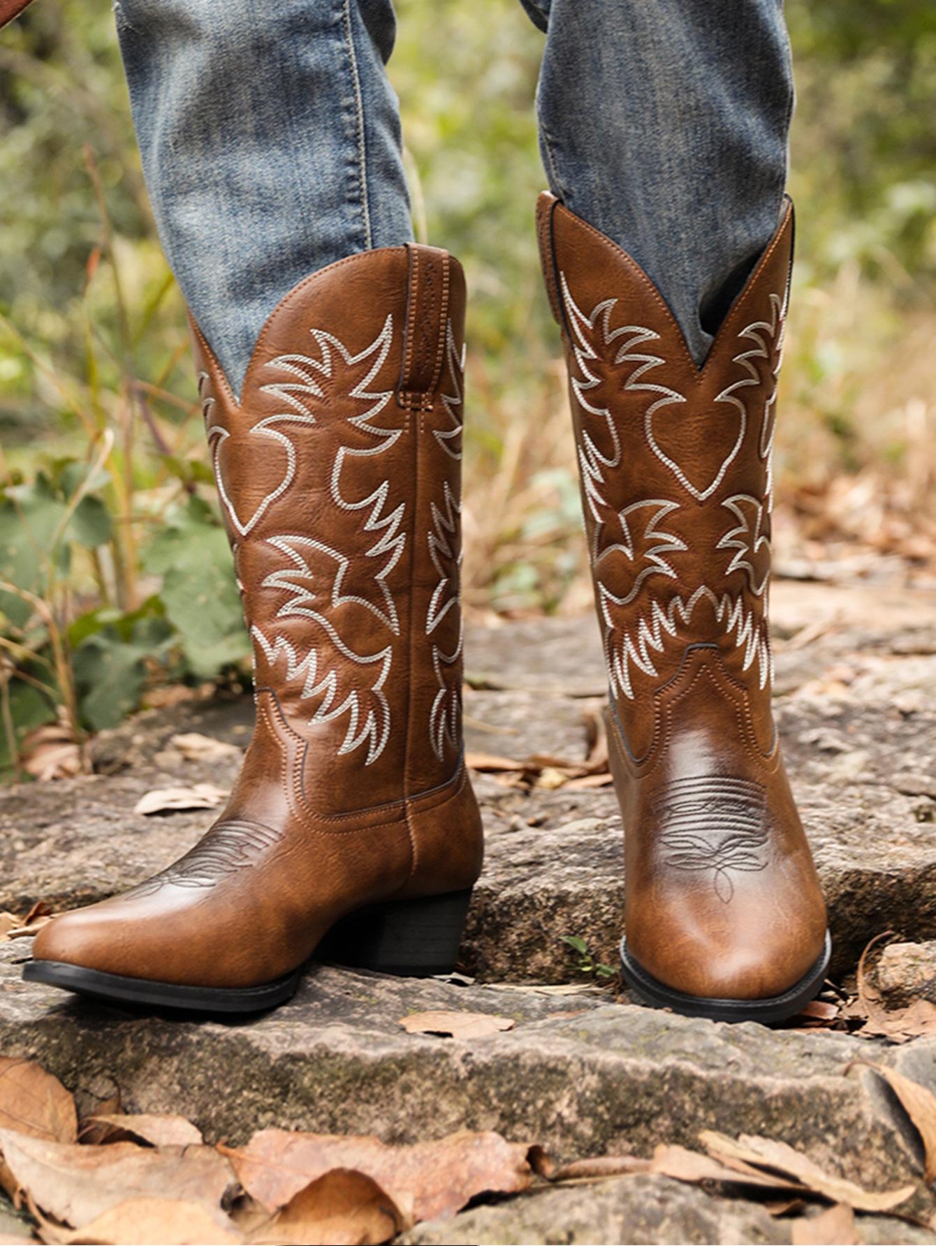 

Spot quick hair 6080 embroidered high-heeled men s wooden root boots European, American and western cowboy boots opp zipper bag packaging 48 темно-коричневого