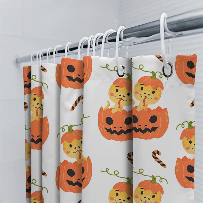Unframed Halloween-Themed Pumpkin Shower Curtain Set Featuring Cute Cartoon Pumpkins Washable Fabric Bathroom Accessories With C