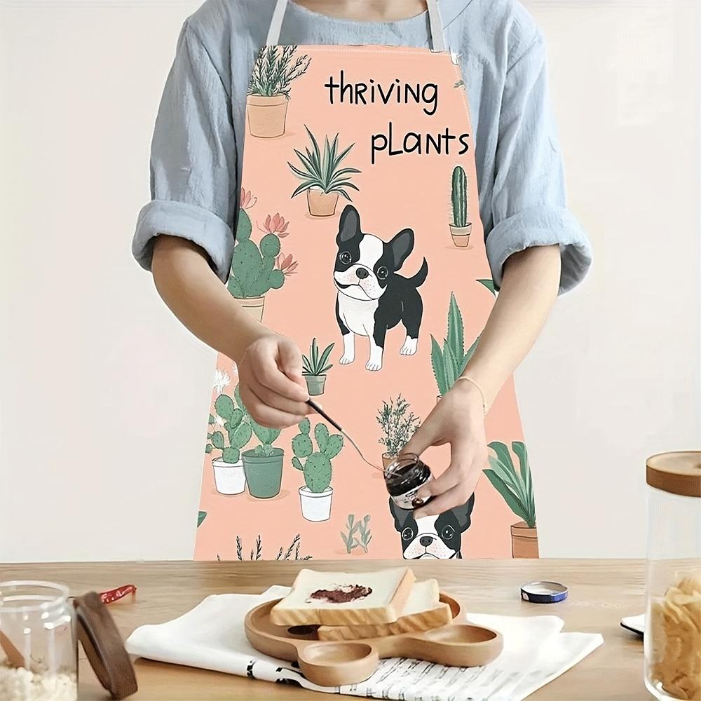 1pc Cute Boston Terrier Dog And Plants Pattern Kitchen Apron For Women Gardening Cooking Baking BBQ Linen Fabric Unisex