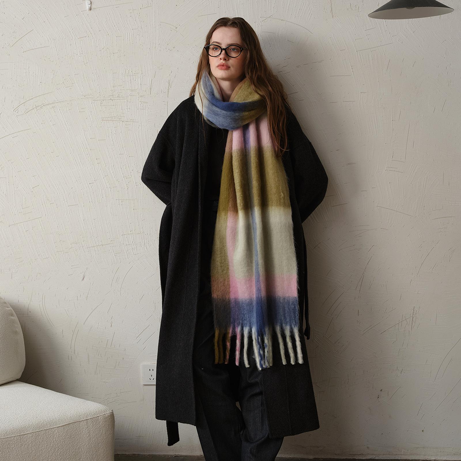 

Fashion Classic Imitation Cashmere Plaid Shawl Women Korea Style Soft Thick Warm Female Scarf Fall Winter Rainbow Mohair Muffler