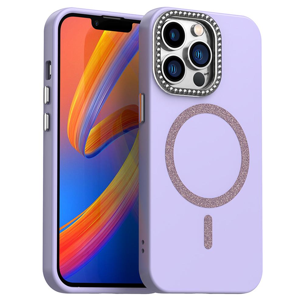 

For iPhone 13 Pro Max Case Compatible with MagSafe TPU+PET Phone Cover with Rhinestone Decor Lens Frame Purple