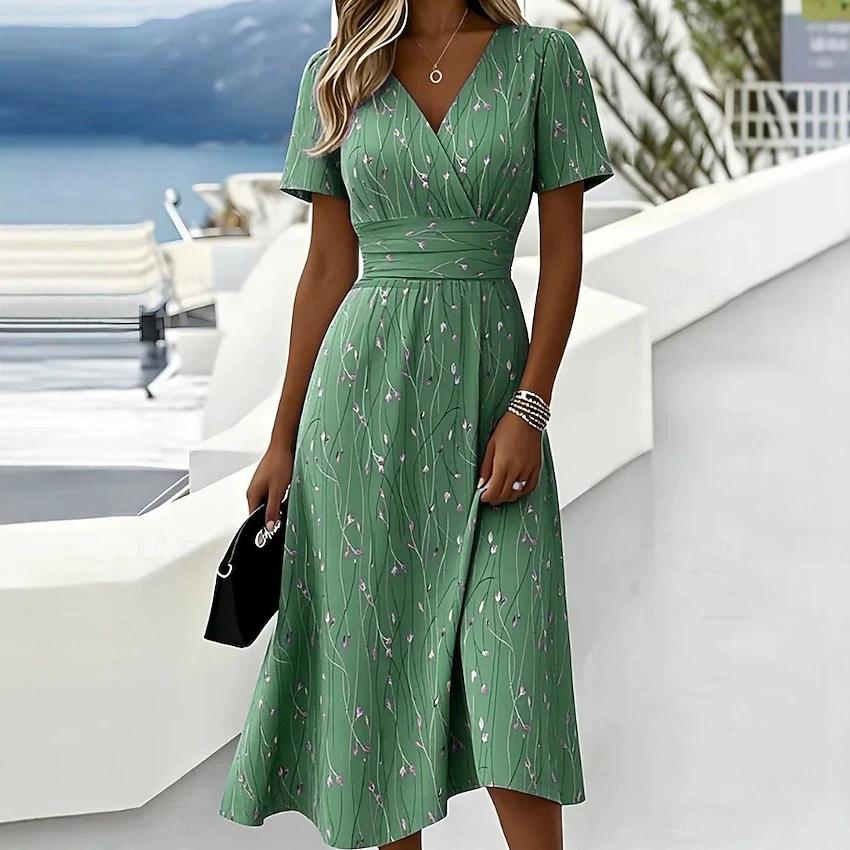 Women's Floral Print V Neck Maxi Dress Short Sleeve Wrap Waist Split A Line Casual Midi Dress