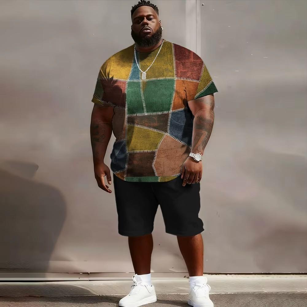 S-6XL Plus Size Men's Streetwear 2 Piece Outfit, Patchwork Plaid Geometric 3D Print Short Sleeve T-Shirt and Shorts Set