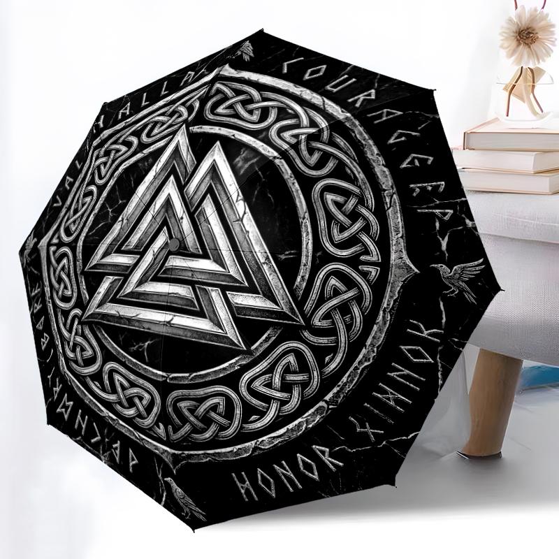 1pc Sturdy 8-Bone Auto Umbrella, Black Ornate Valknut Medusa Umbrella, Digital Printed, Foldable Umbrella for On-the-Go Outdoor Use