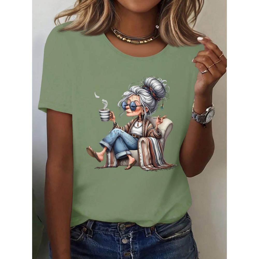 

Elegant Granny Graphic Print Women s Summer Casual Short Sleeved T-Shirt Cute Playful Round Neck Tees Top Casual Woman Clothes M