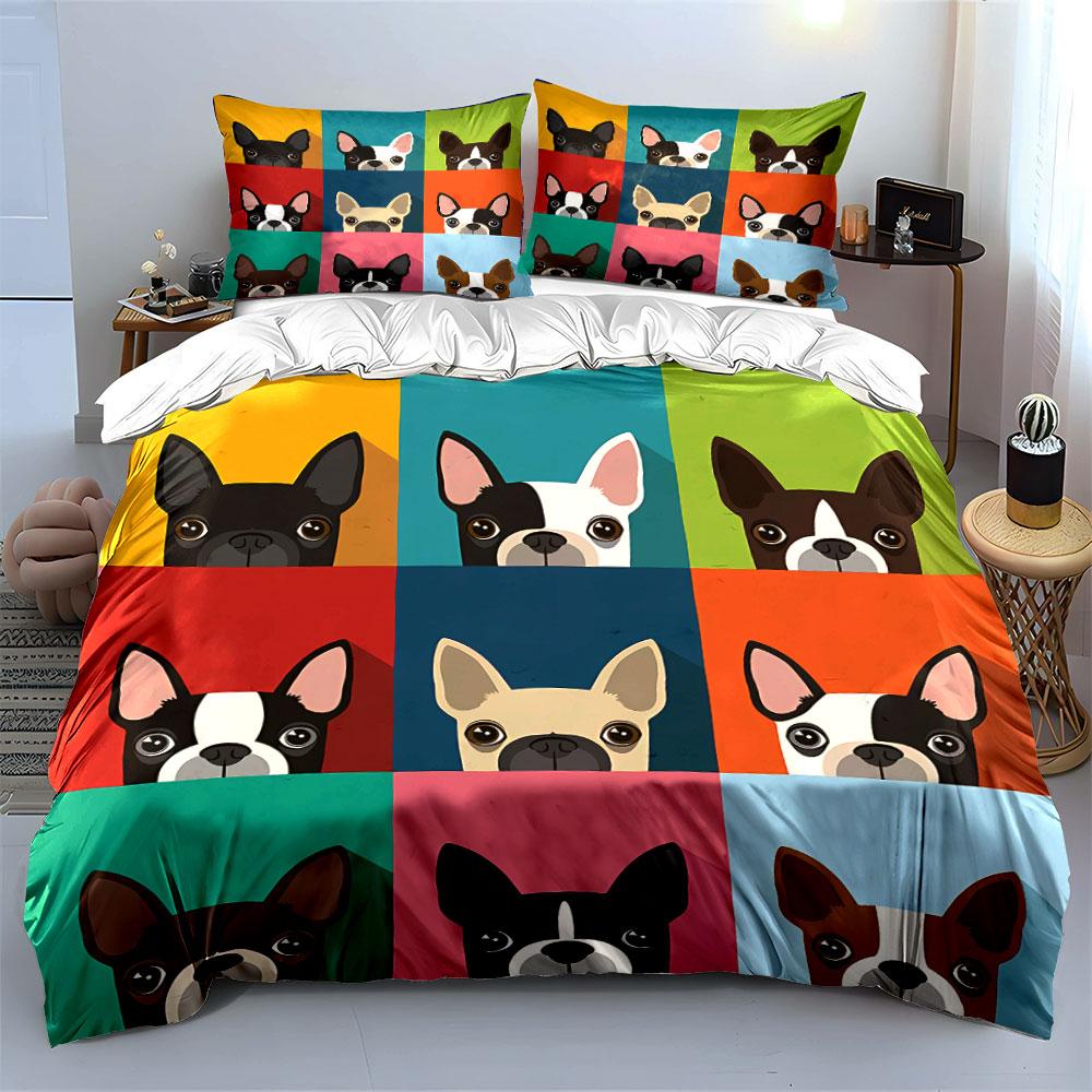 Colorful French Bulldog Pattern Bedding Duvet Cover Set Duvet Cover Pillowcases (1*Duvet Cover 2*Pillowcases, Without Duvet Insert)