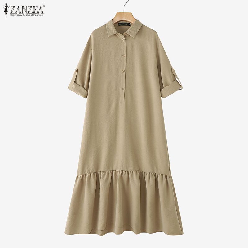 ZANZEA Damen-Kleid, locker, lässig, Umlegekragen, langärmelig, langes Hemdkleid