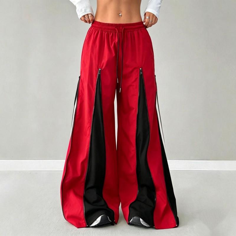Oversized Streetwear Cargo Pants With Colorblock Zipper Detail Retro Loose Fit Wide Leg Trousers Women
