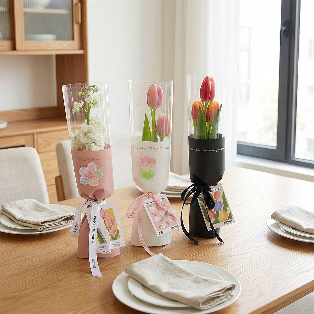 20 Stück Wasserdichte Einzelblumen-Verpackungstaschen Romantischer Transparenter Umarmungs-Eimer Integrierter Plastik-Blumenstrauß