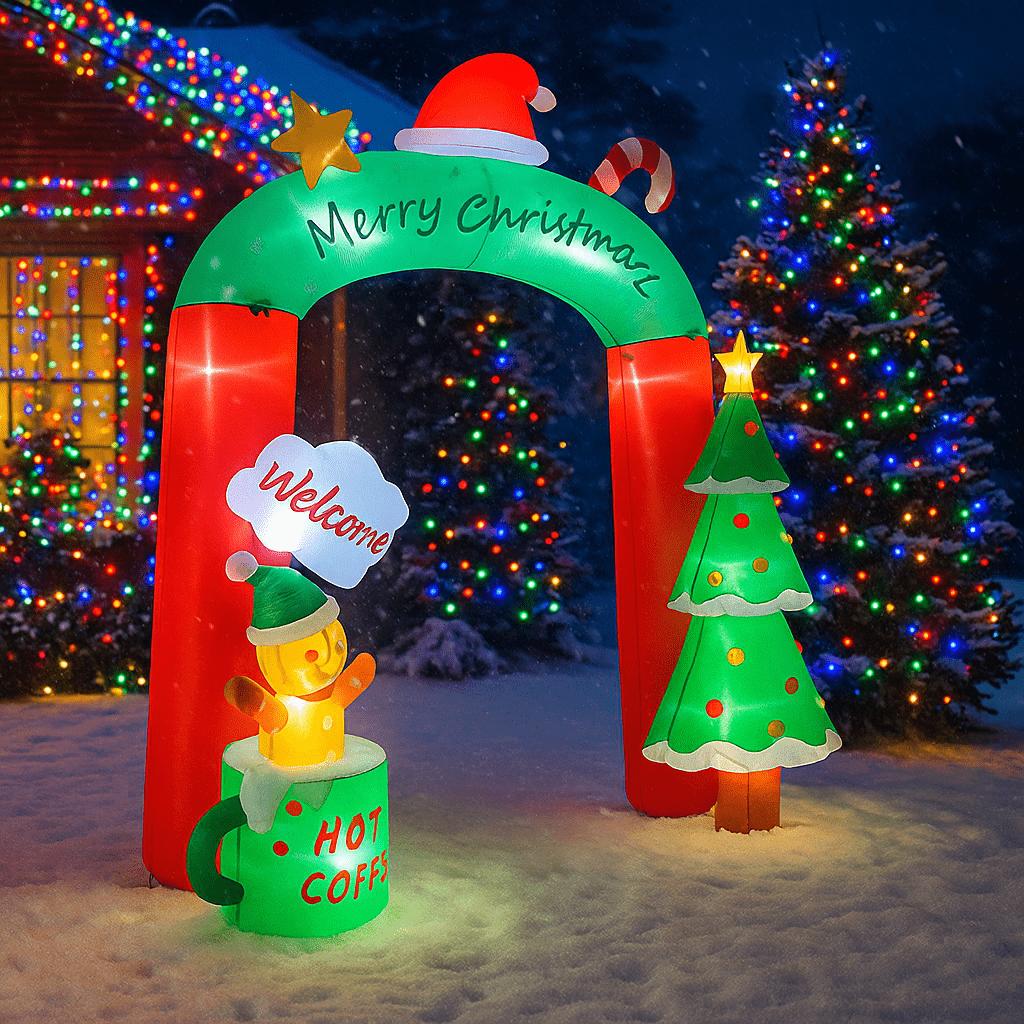 8.8FT/2.7M Inflatable Christmas Arch with Gingerbread Man Hot Coffee and Welcome, Glowing Outdoor Yard Decor