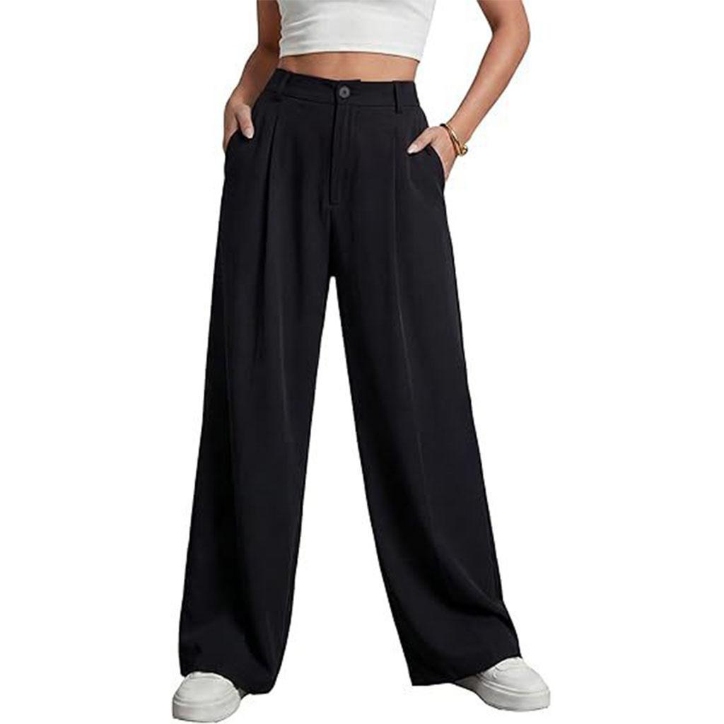Women Loose Fit Casual Suit Pants High Waist Long Trousers Wide Leg Relaxed Style with Button and Zipper Closure for Daily Wear