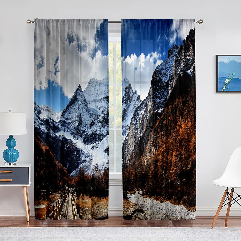 Autumn Mountains Forest Rivers Landscape Tulle Curtains for Living Room Decoration Chiffon Sheer Voile Kitchen Bedroom Curtain