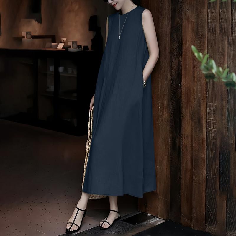 

ZANZEA Женское повседневное летнее свободное платье-майка без рукавов с круглым вырезом M темно-синий