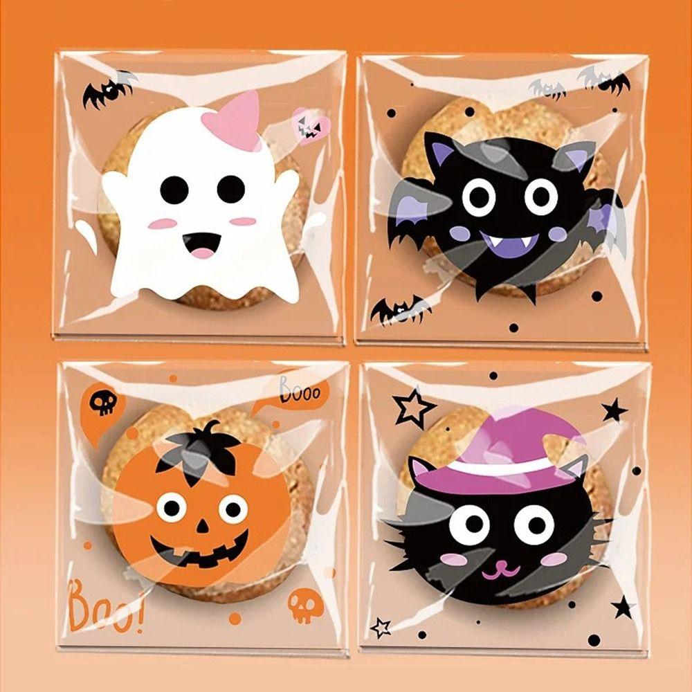 100Pcs Self-adhesive Trick or Treat Bags Plastic Candy Cookie Bags Halloween Candy Bags  Party