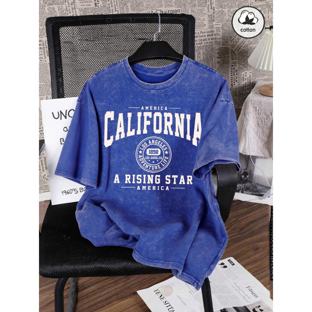 America California Printed Washed T-Shirt Mens Cotton Oversized T Shirt Casual O-Neck Short Sleeve Tops Basic Male Tees
