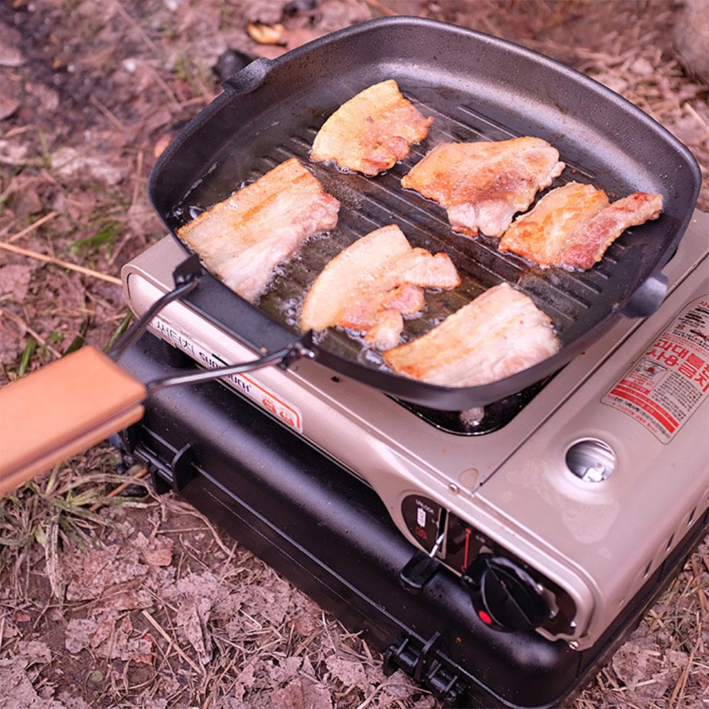 Non-sticky Steak Frying Pan with Wooden Folding Handle Portable Square Grill Pan Kitchen Accessory