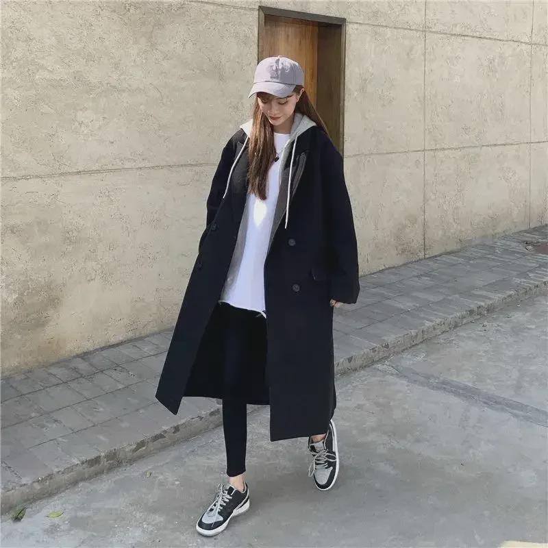 2024 Winter Thickened Woolen Coat: Korean-Style, Loose Fit, Mid-Length, Spliced, Hooded Design for Women