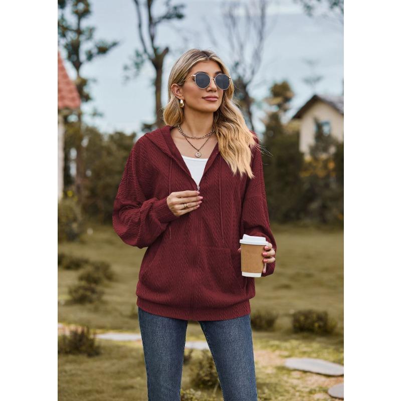 Solid Color Pocket Long Sleeve Loose Hooded Zip Up Cardigan Sweatshirt For Women