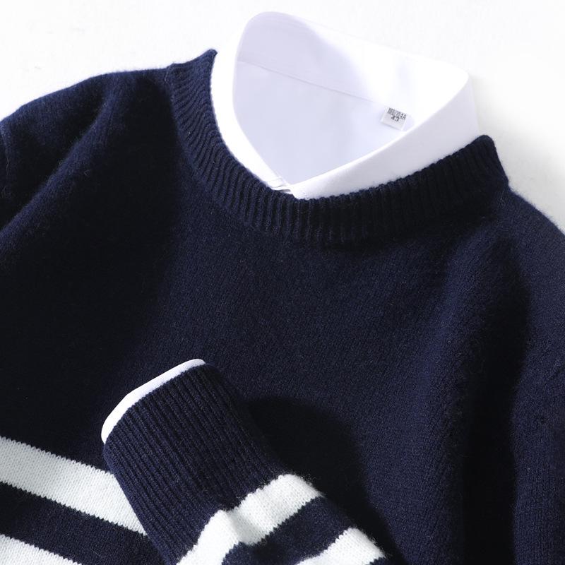 Men's Striped Pure Wool Round Neck Casual Thick Knit Sweater for Autumn & Winter