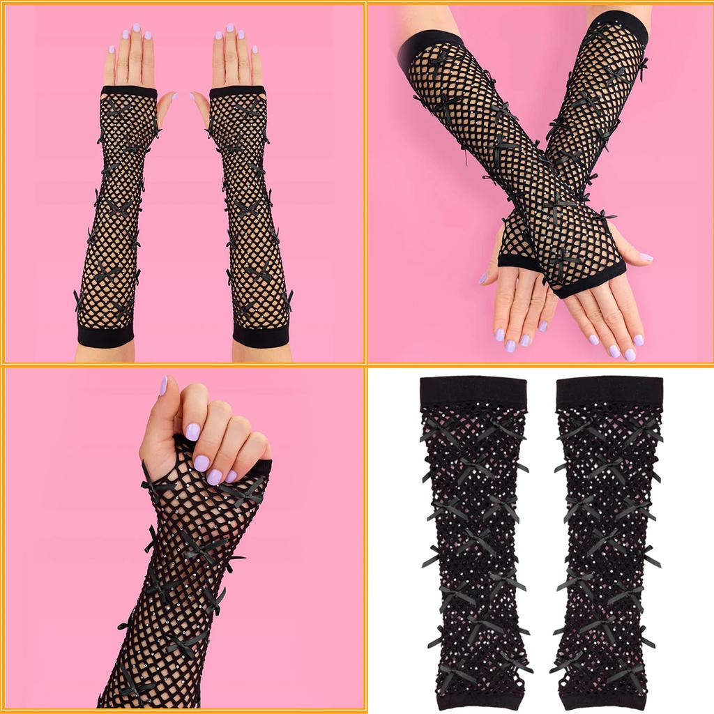 Vintage Mesh Fingerless Gloves with Rhinestones and Bowtie for Women Various Parties and Music Festival Handwear