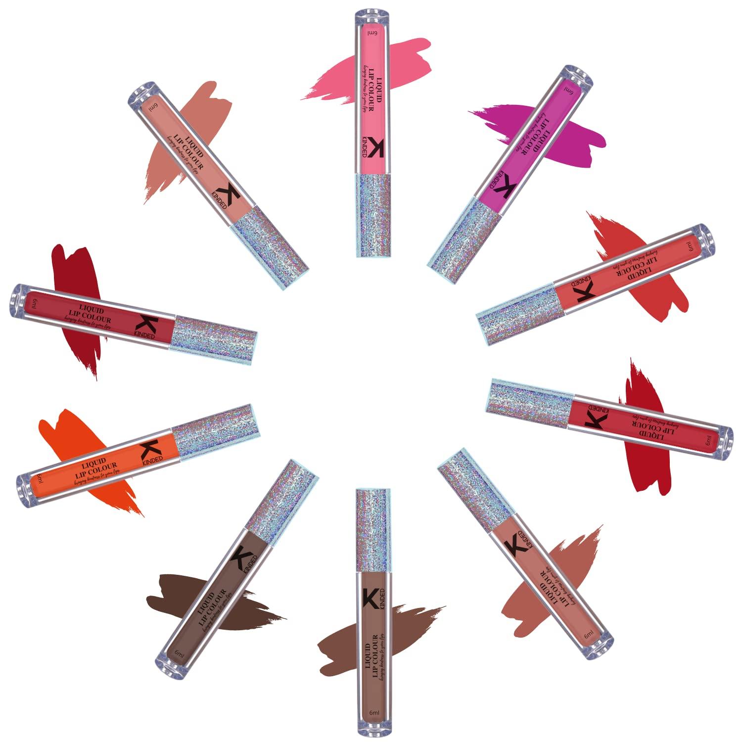 

KINDED Liquid Lip Colour Vitamin E Enriched No Transfer Waterproof Lipsticks Set for Girls Women (Combo Pack of 10, 6 ml each, Matte Finish, Pink