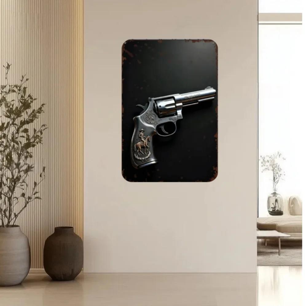 Western Revolver Metal Tin Sign Vintage Wall Art for Man Cave Bar Home Decor