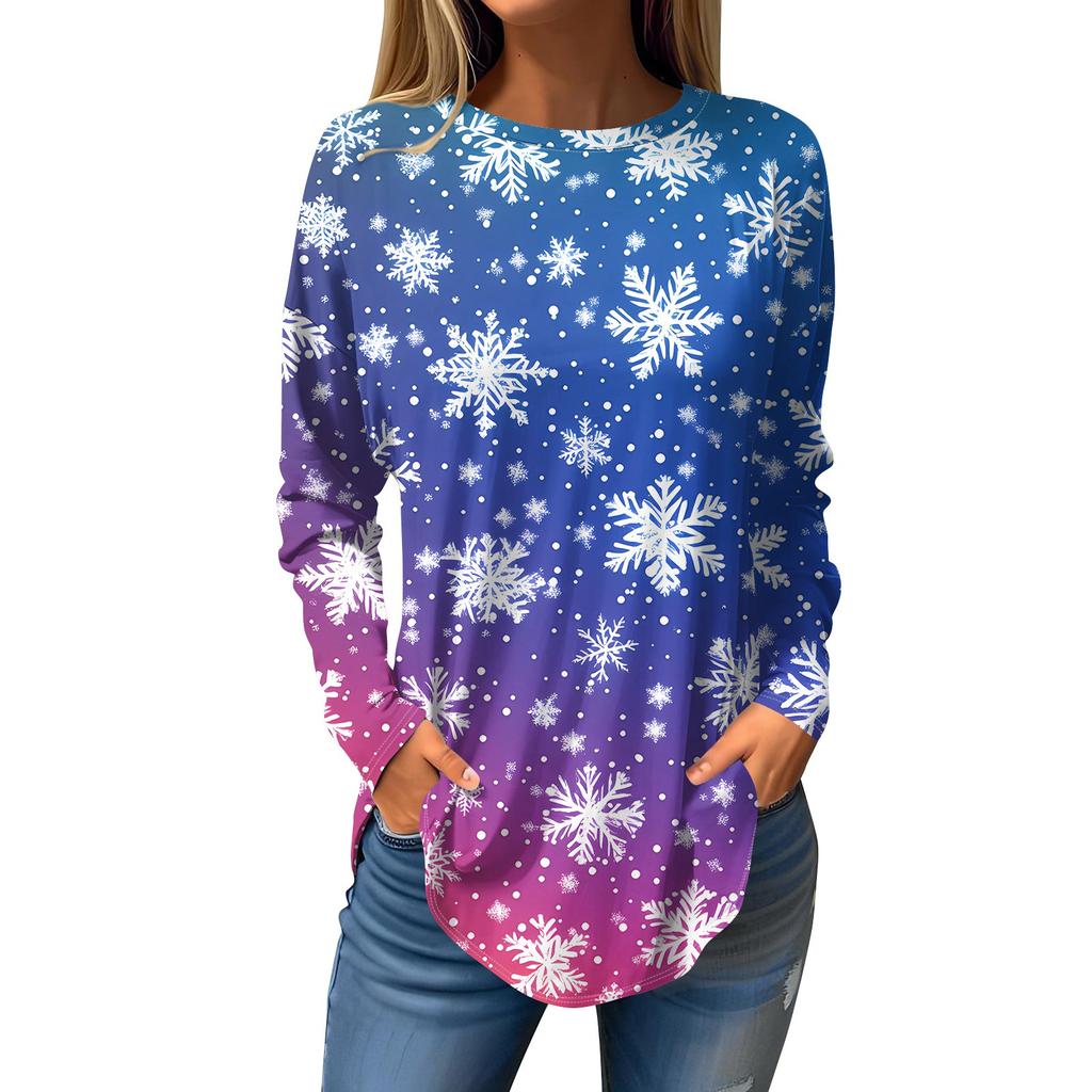 Women's Loose Round Neck Christmas Print Long Sleeve T-Shirt Top Pullover