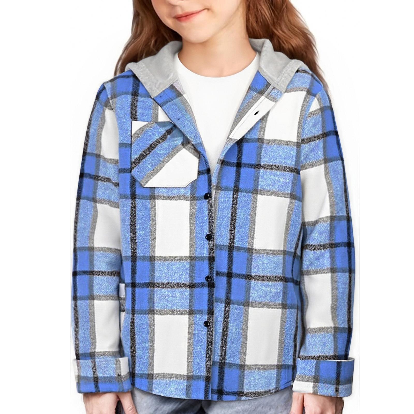 Children s Fashion Hooded Plaid All- Casual Loose Shirt Long Sleeve Jacket 120 синий