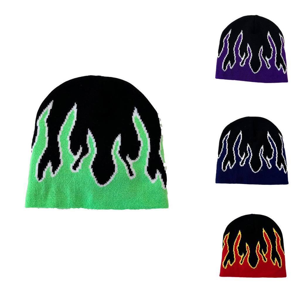 Punk Knitted Hat For Men With Flame Design And Letter Embellishments For Streetwear And Winter Warmth