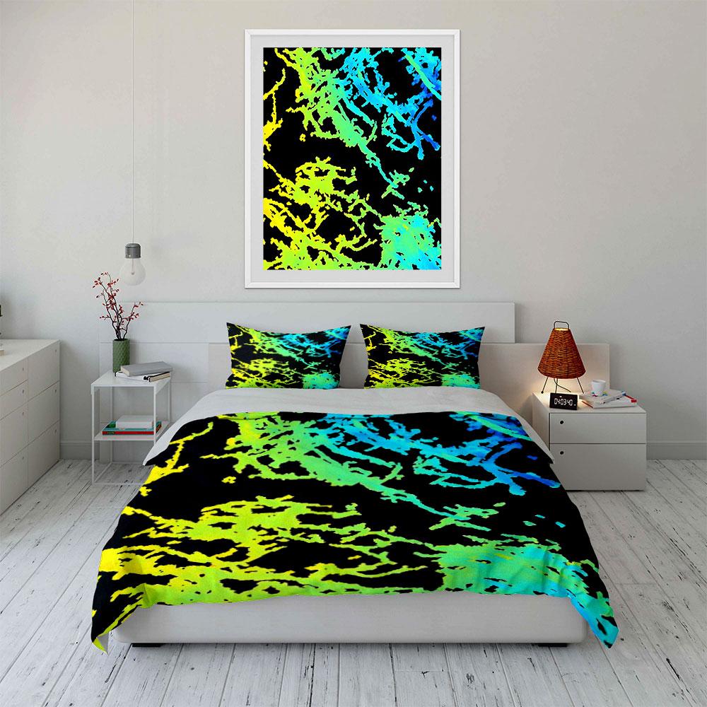 3Pcs Neon Camo Crack Bedding Set, Black Base Yellow Cyan Abstract Fragment Print 1 Duvet Cover 2 Pillowcases, Gift