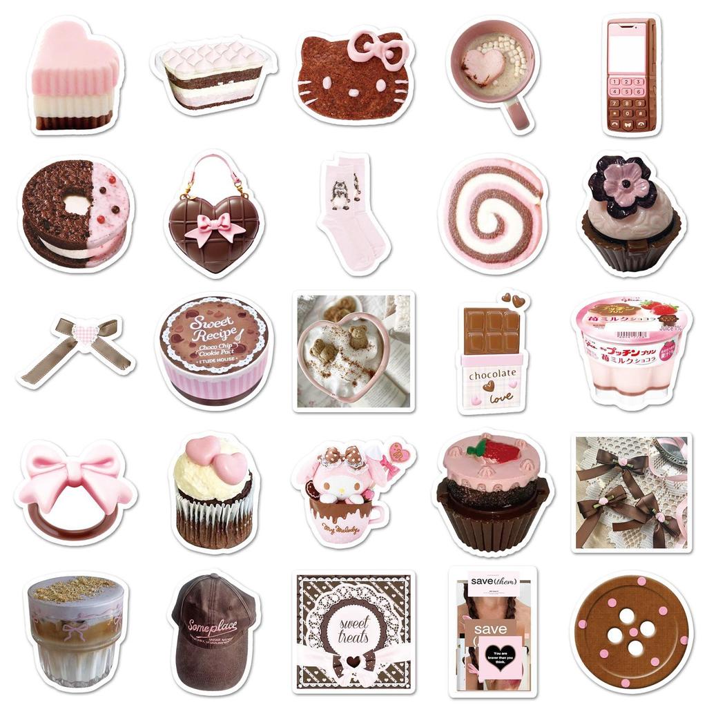 50 Pink & Brown Retro Korean-Style Stickers: Perfect for DIY Journals, Notebooks, and Water Bottles