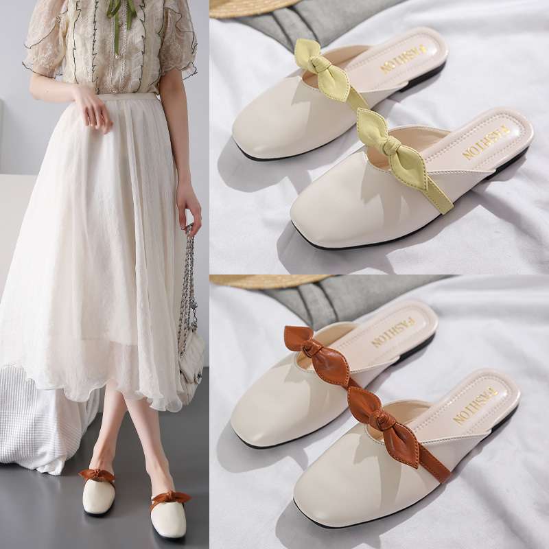 In the Summer of 2025, the New Heelless Lazy Fairy Style with Skirt Bag Head and Half Slippers Female Flat Bottom Outer Wear