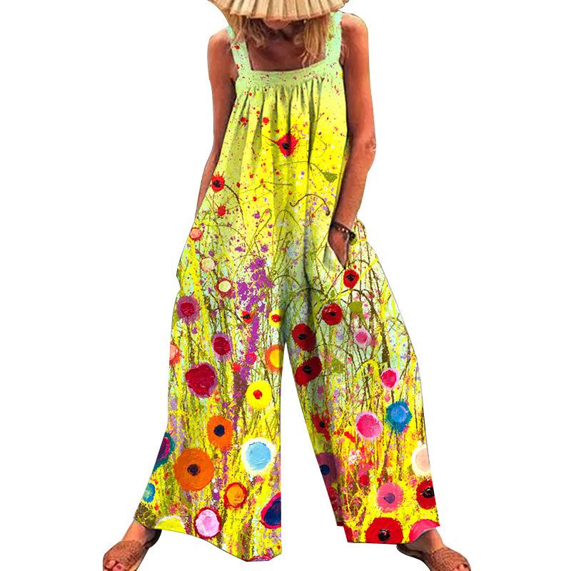 2026 Summer Plus-Size Women's Printed Strappy Wide-Leg Jumpsuit