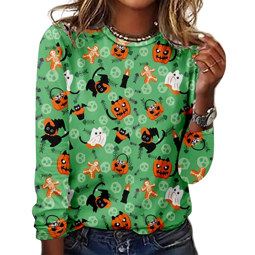Women's Halloween 3D Printed Pumpkin Face Bat Long Sleeve Shirt Autumn Loose Casual Polyester Round Neck Fashion Casual Top