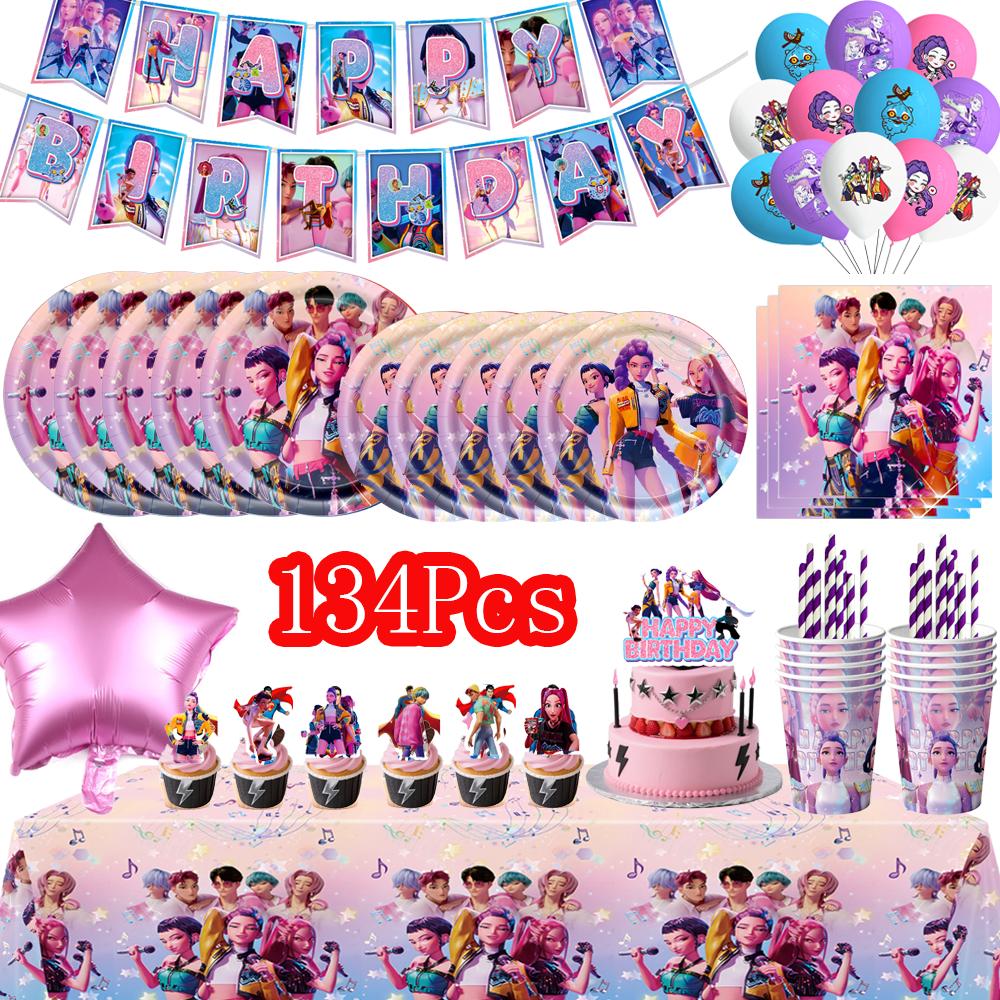 Cacciatori di Demoni Decorazioni per Festa di Compleanno Stoviglie Banner Decorazioni Topper per Torta Palloncino Ragazza Bambino Coreano Kpop Anime Set Forniture per Festa