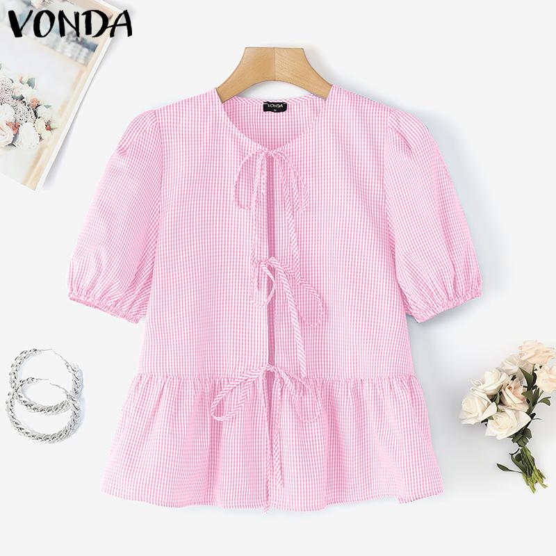 VONDA Women Summer Puff Sleeve Plaid Print Front Bow Knot Ruffled T-shirts Tops