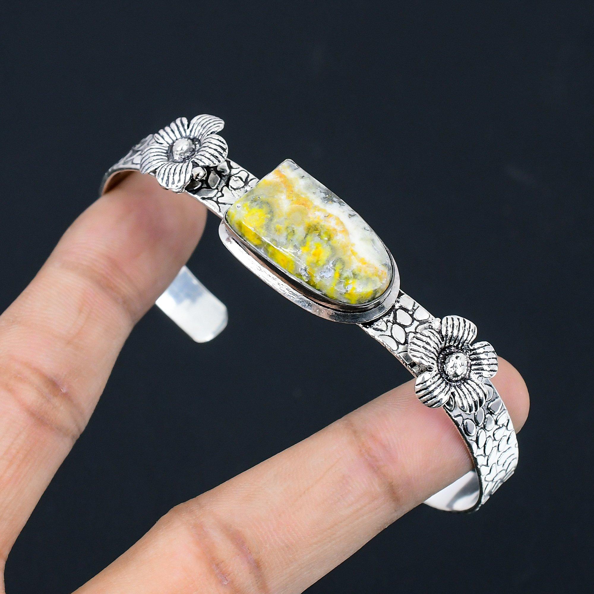 

Womens day Deal Natural Bumble Bee Jasper Boho Flower Wife New Bangle 925 Silver Adjustable