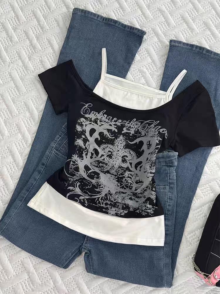 Y2K Millennial Spicy Girl Amerikanisches Retro Off-Shoulder Bedrucktes T-Shirt - Damen Sommer Kurzarm Top