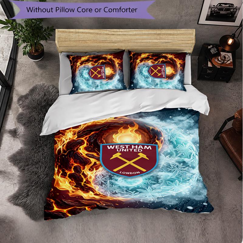 West Ham United Football 3 Piece Bedding Set Soft Duvet Cover Set with Pillowcases Printed Bedroom Decor Set for Home