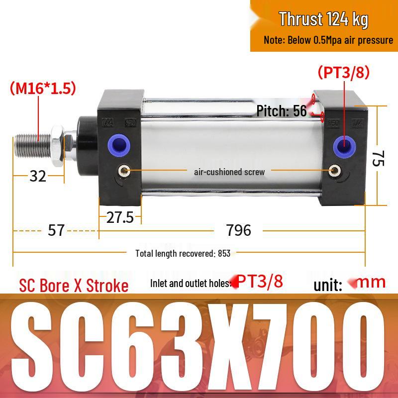 SC63 High Thrust Small Pneumatic Cylinder, Model SC40/50/80/100*125X150X200X500-S