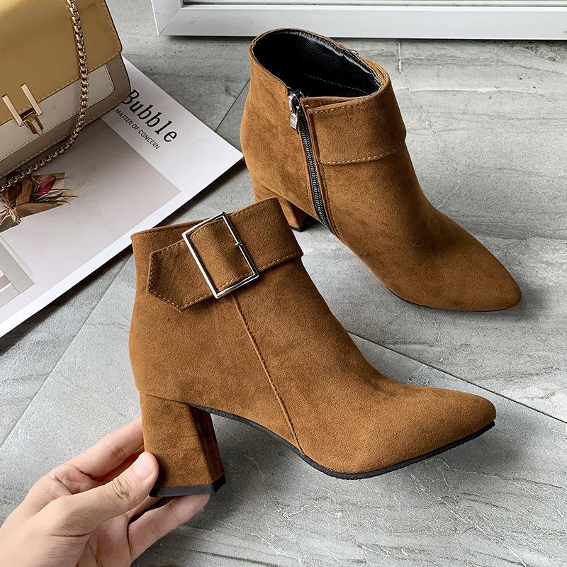 Autumn and Winter New High-heeled Thick-heeled Belt Buckle Pointed Large-size Short Boots Women's Suede Martin Boots Women's Shoes