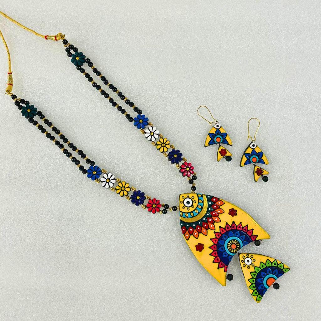 Handmade Clay Fish Necklace Earring Set