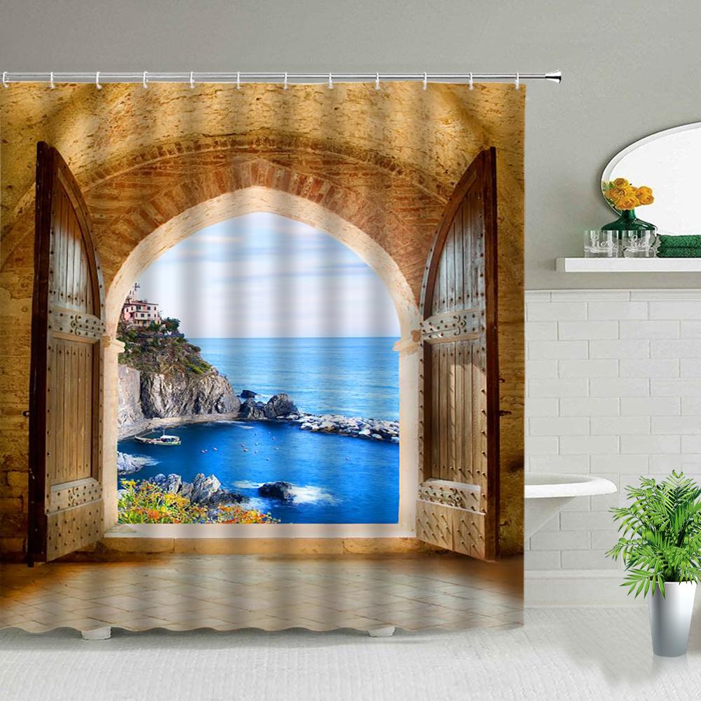 Window Outside Forest Bridge Spring Landscape Creativity Shower Curtain Zen Stone Tree Building Scenery Cloth Curtains With Hook